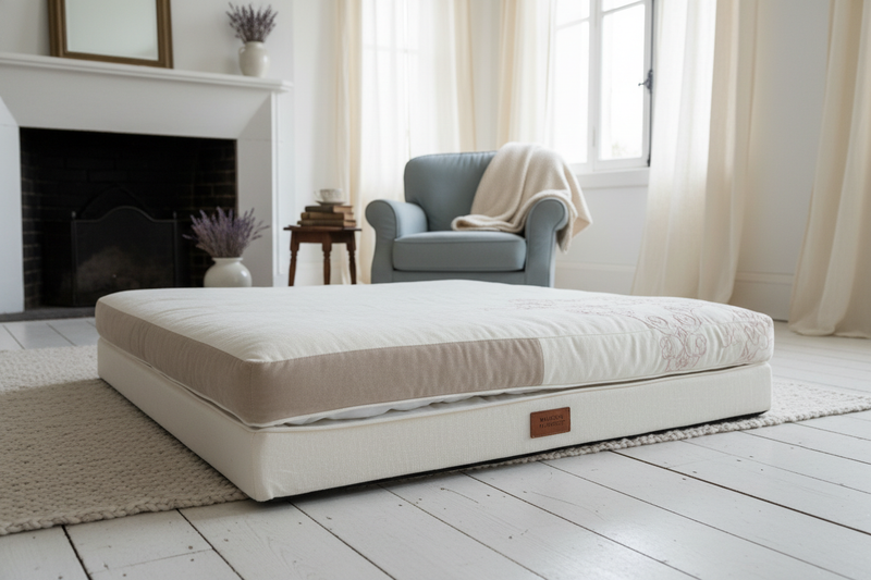 flat dog orthopaedic mattress on the floor of a lovely country style living room