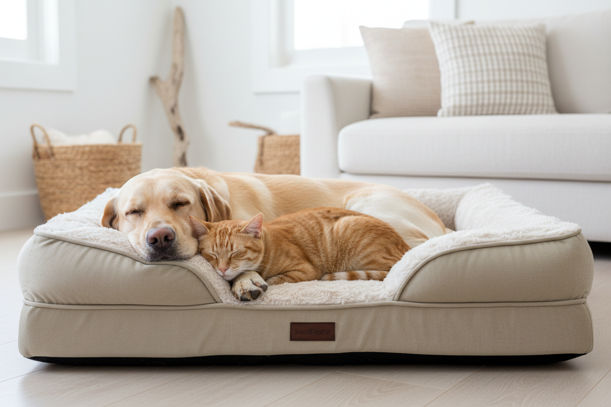 Ginger cat and golden labrador sleeping on cream orthopaedic bed in Hamptons home